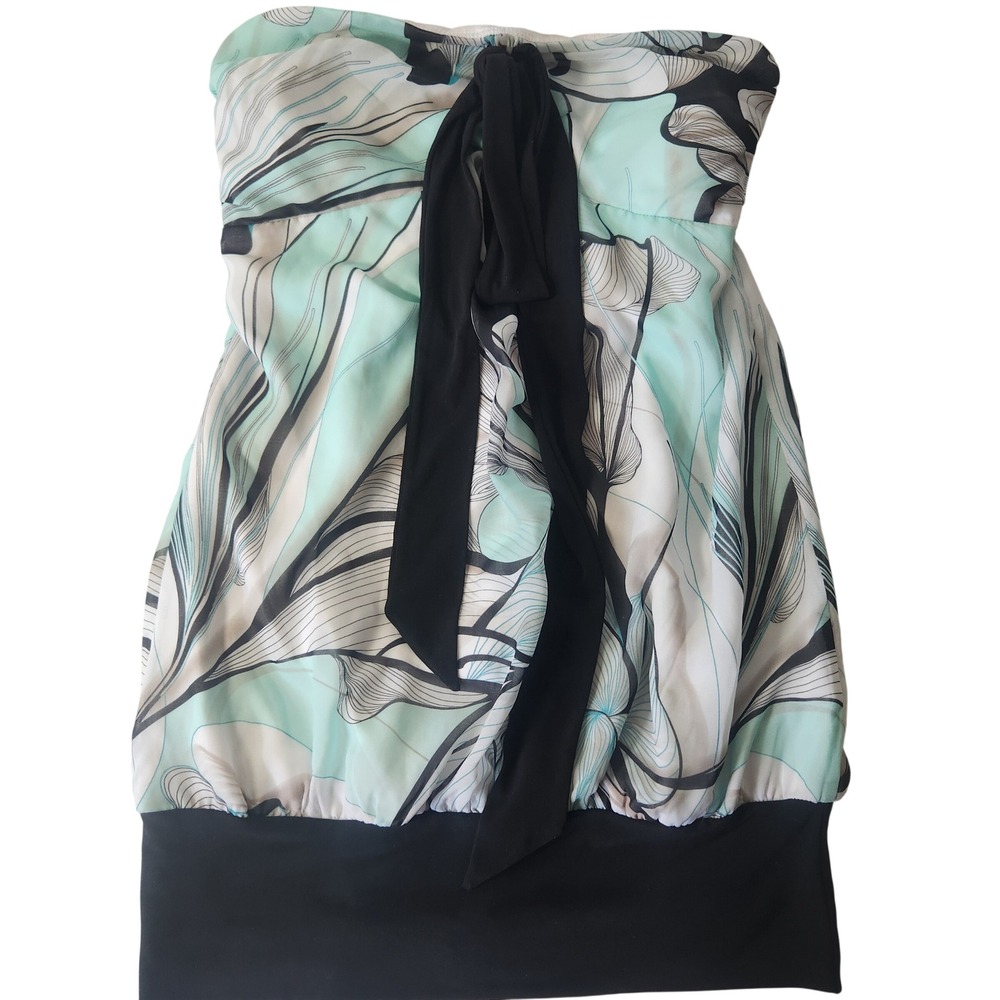 Le Chateau Womens Strapless Floral Tube Top Mint Green Black Smocked Large Y2K